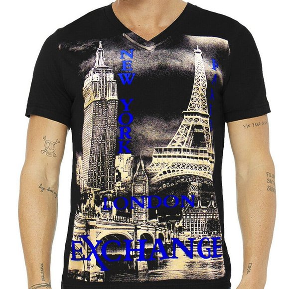 EXCHANGE Other - NWT EXCHANGE NEW YORK PARIS LONDON MENS BLACK V-NECK SHORT SLEEVE T-SHIRT SIZE S